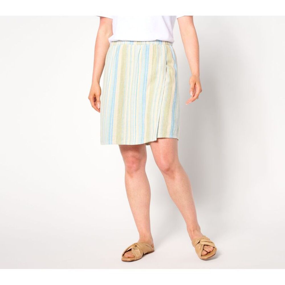 Denim & Co. Women's Petite Skirt PL Naturals Striped Linen Blend Blue A643734